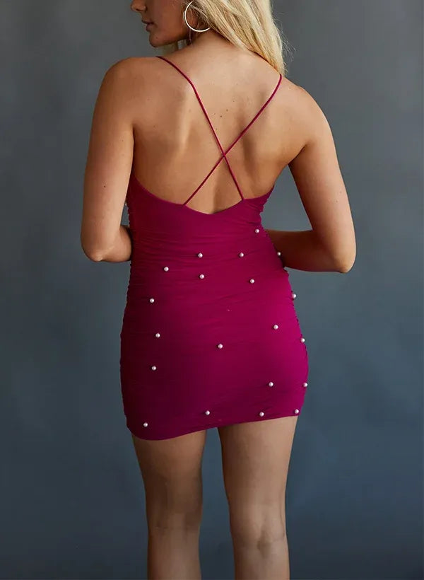Chic Sheath Spaghetti Straps Ruched Fuchsia Mini Homecoming Dress With Pearl