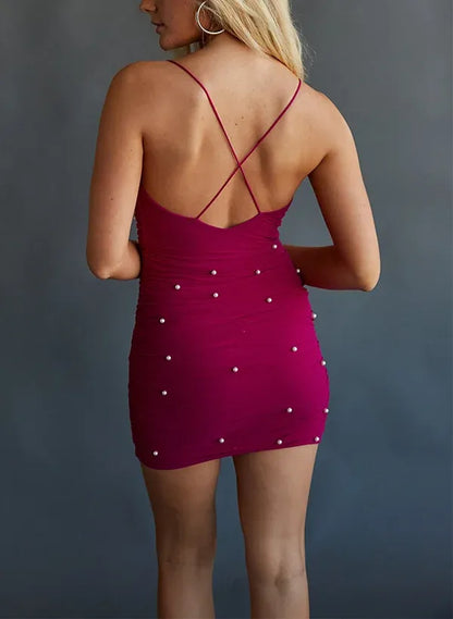 Chic Sheath Spaghetti Straps Ruched Fuchsia Mini Homecoming Dress With Pearl