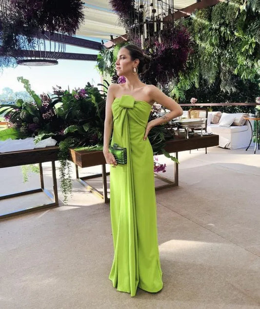 Chic Sheath Strapless Bow-Detailed Satin Lime Green Maxi Evening Dress for Women