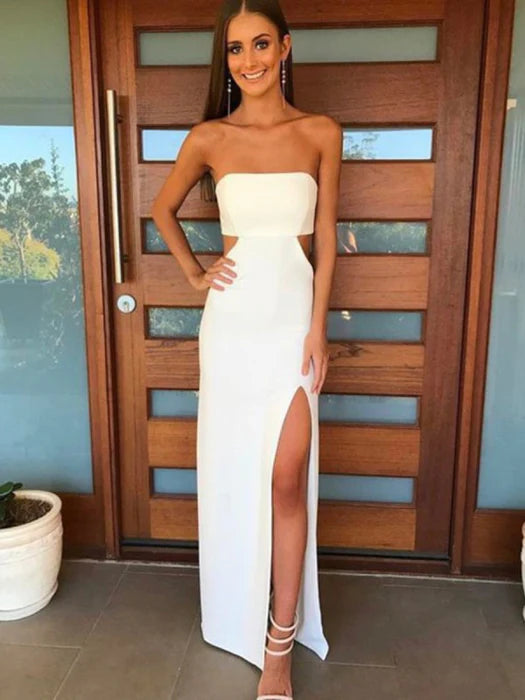 Chic Sheath Strapless Sleeveless Cutout White Floor-Length Prom Dress