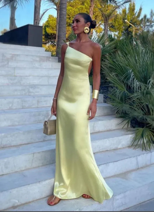 Chic Slip One-Shoulder Sleeveless Open-Back Satin Yellow Floor-Length Evening Dress for Women
