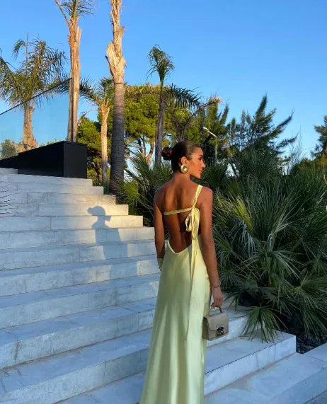 Chic Slip One-Shoulder Sleeveless Open-Back Satin Yellow Floor-Length Evening Dress for Women