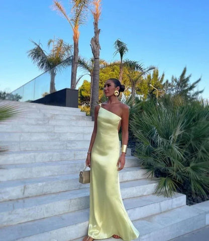 Chic Slip One-Shoulder Sleeveless Open-Back Satin Yellow Floor-Length Evening Dress for Women