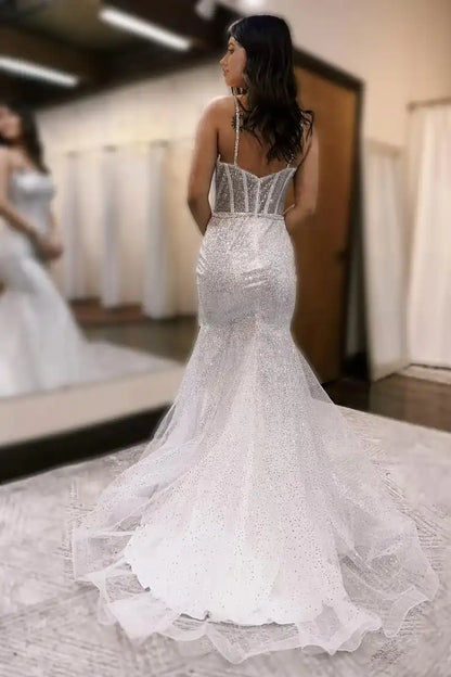 Chic Spaghetti Straps Mermaid Sequin Lace Long Wedding Dress