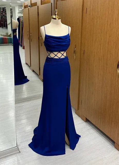 Chic Spaghetti Straps Sleeveless Mermaid Satin Split  Floor-Length Evening Dress