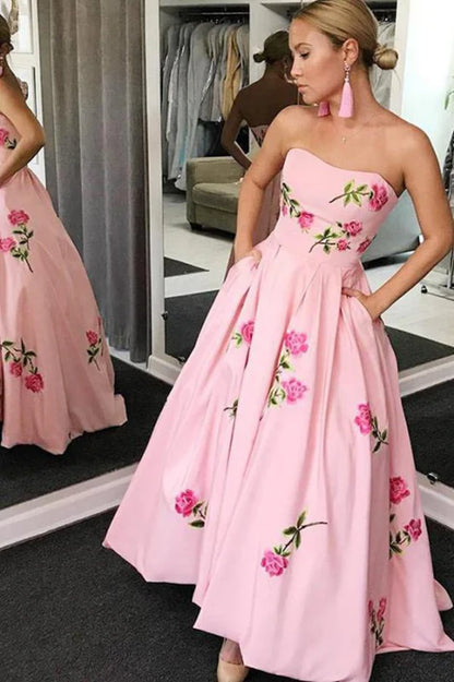 Chic Strapless Sleeveless Floral Pink Floor-Length Prom Dress