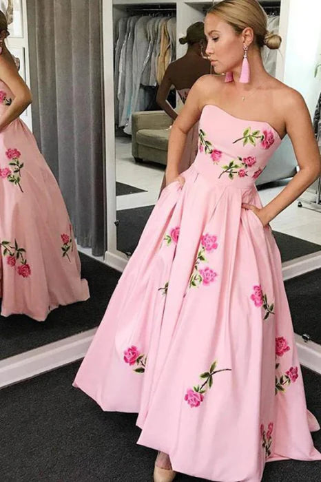 Chic Strapless Sleeveless Floral Pink Floor-Length Prom Dress