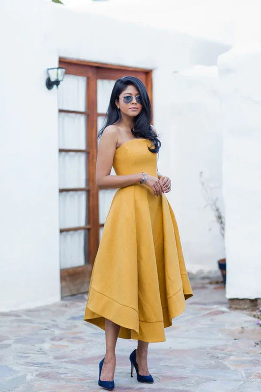 Chic Structured Midi Evening Dress Mustard Strapless Sleeveless Formal Women