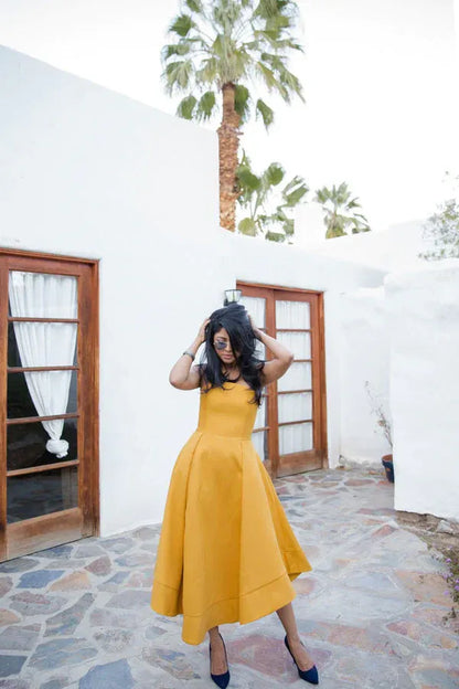 Chic Structured Midi Evening Dress Mustard Strapless Sleeveless Formal Women