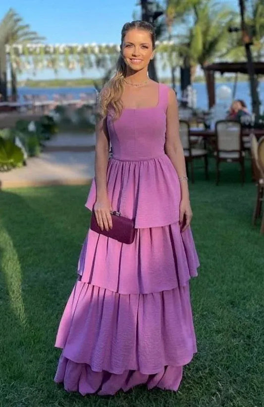 Chic Textured Maxi Evening Dress Lavender Square-Neck Sleeveless Formal Women