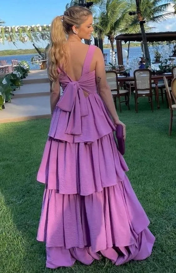 Chic Textured Maxi Evening Dress Lavender Square-Neck Sleeveless Formal Women