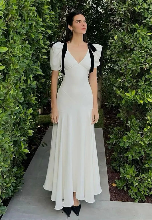 Chic Trumpet V-Neck Contrast-Bow Puff-Sleeve Satin White Maxi Evening Dress for Women