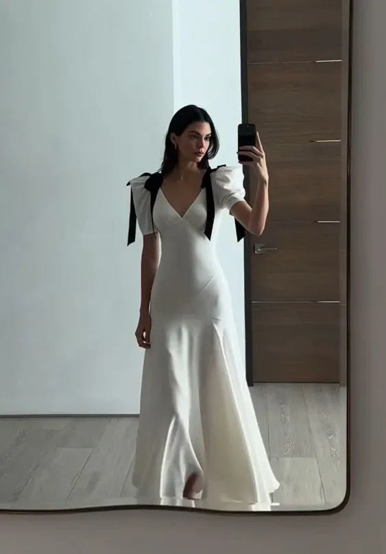 Chic Trumpet V-Neck Contrast-Bow Puff-Sleeve Satin White Maxi Evening Dress for Women