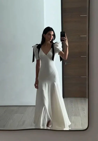 Chic Trumpet V-Neck Contrast-Bow Puff-Sleeve Satin White Maxi Evening Dress for Women