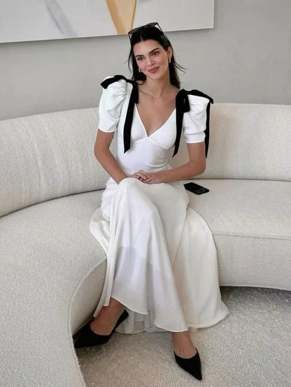 Chic Trumpet V-Neck Contrast-Bow Puff-Sleeve Satin White Maxi Evening Dress for Women