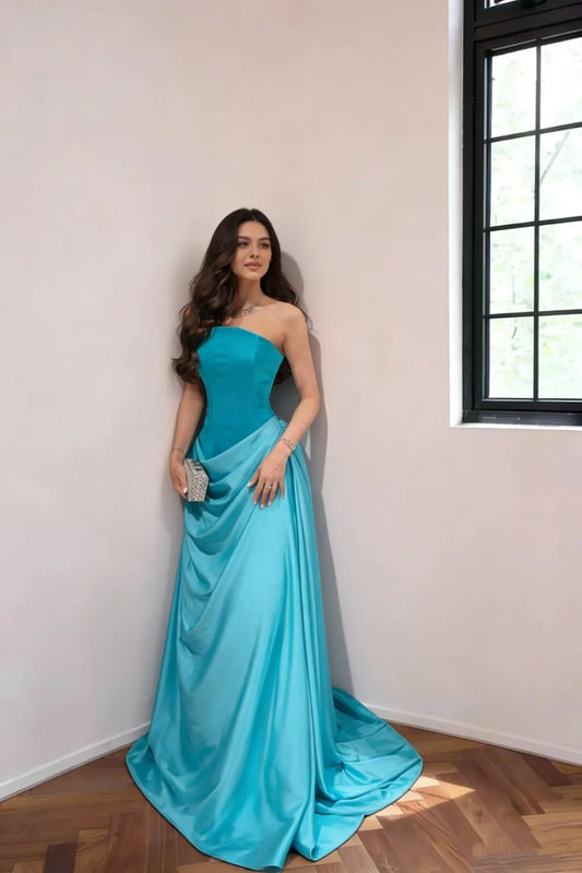 Chic Turquoise Strapless Draped Satin Train Wedding Guest Dress