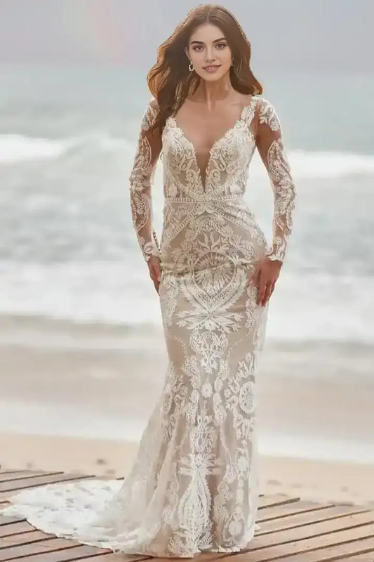 Chic V-Neck Boho Sweep Train Beach Wedding Dress with Long Sleeves
