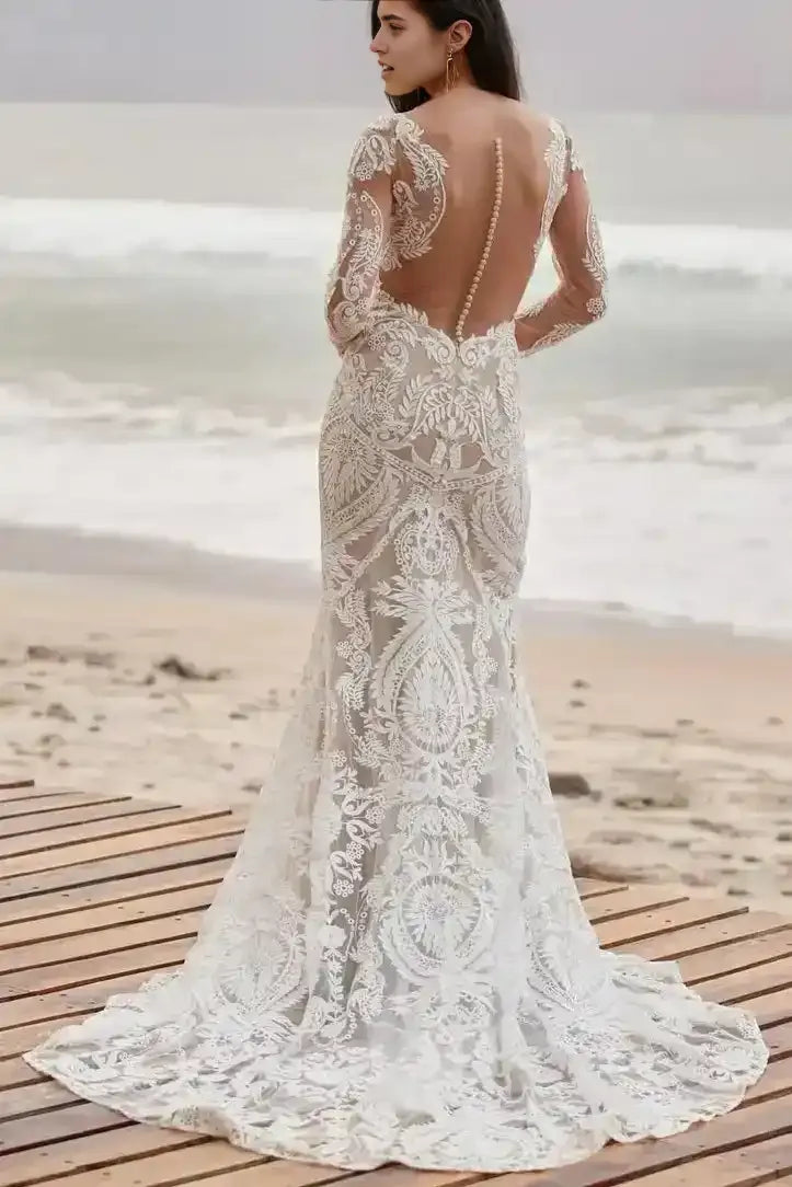 Chic V-Neck Boho Sweep Train Beach Wedding Dress with Long Sleeves