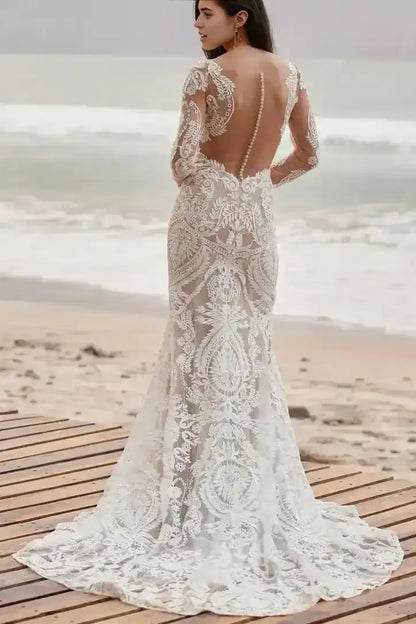 Chic V-Neck Boho Sweep Train Beach Wedding Dress with Long Sleeves