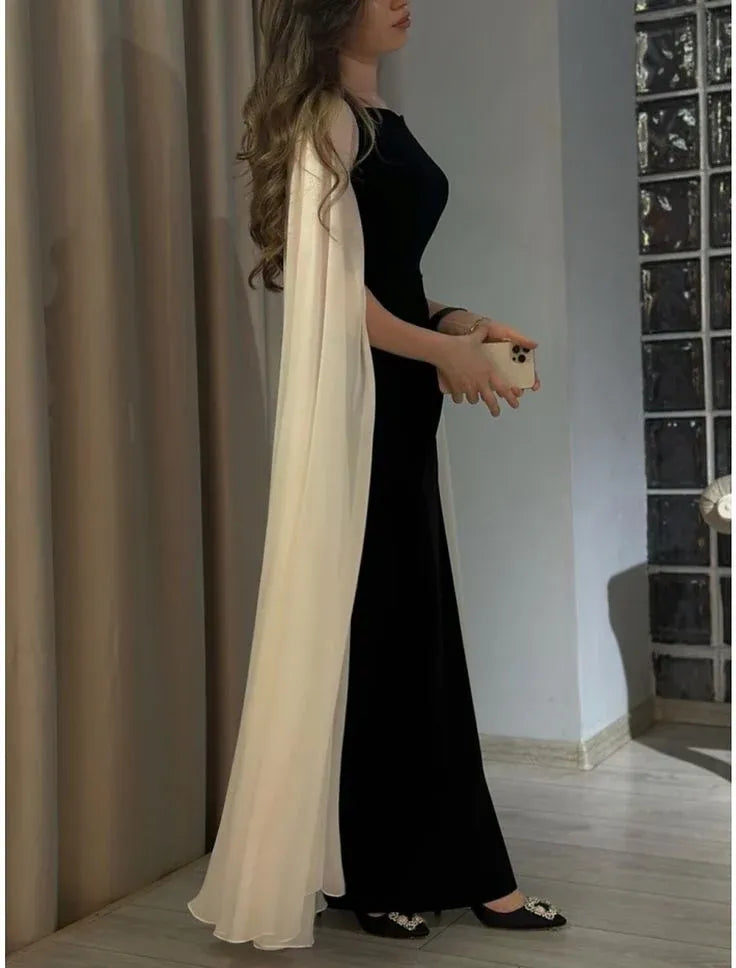 Chic Velvet Maxi Evening Dress Black Square Neck Cape-Sleeve for Women