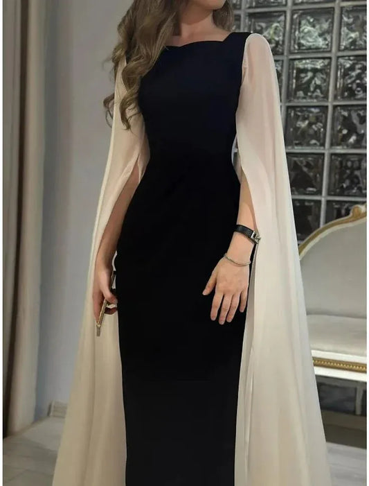 Chic Velvet Maxi Evening Dress Black Square Neck Cape-Sleeve for Women