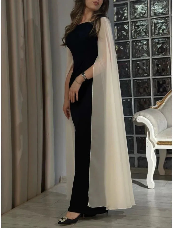 Chic Velvet Maxi Evening Dress Black Square Neck Cape-Sleeve for Women