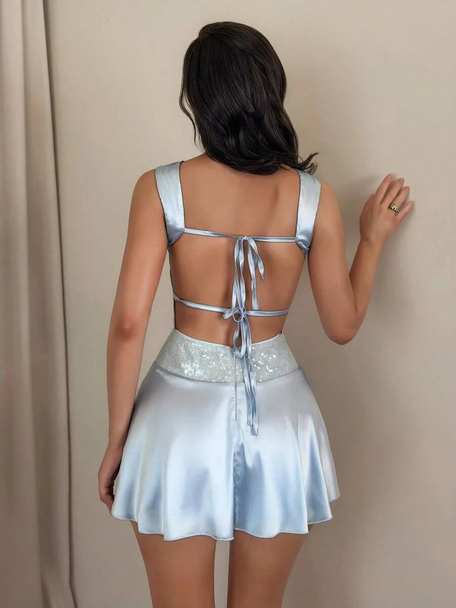 Chic A-Line Boat Neck Shimmering Sequins Backless Satin Light Blue Mini Homecoming Dress