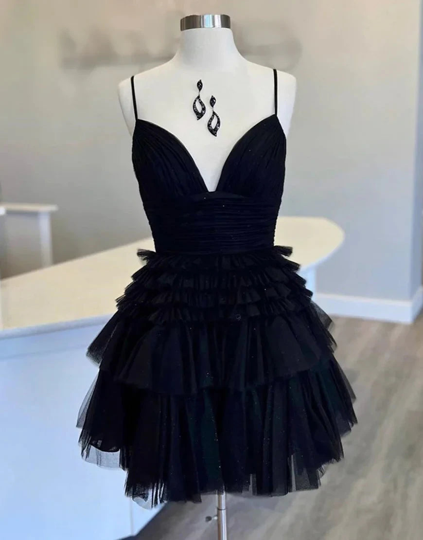 Chic A-Line Deep V-Neck Sleeveless Ruffled Glitter Black Short Homecoming Dress