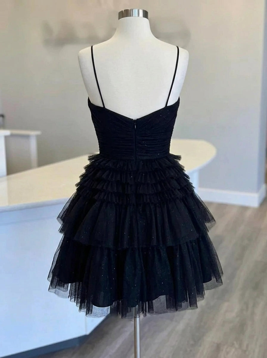 Chic A-Line Deep V-Neck Sleeveless Ruffled Glitter Black Short Homecoming Dress