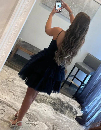 Chic A-Line Deep V-Neck Sleeveless Ruffled Glitter Black Short Homecoming Dress
