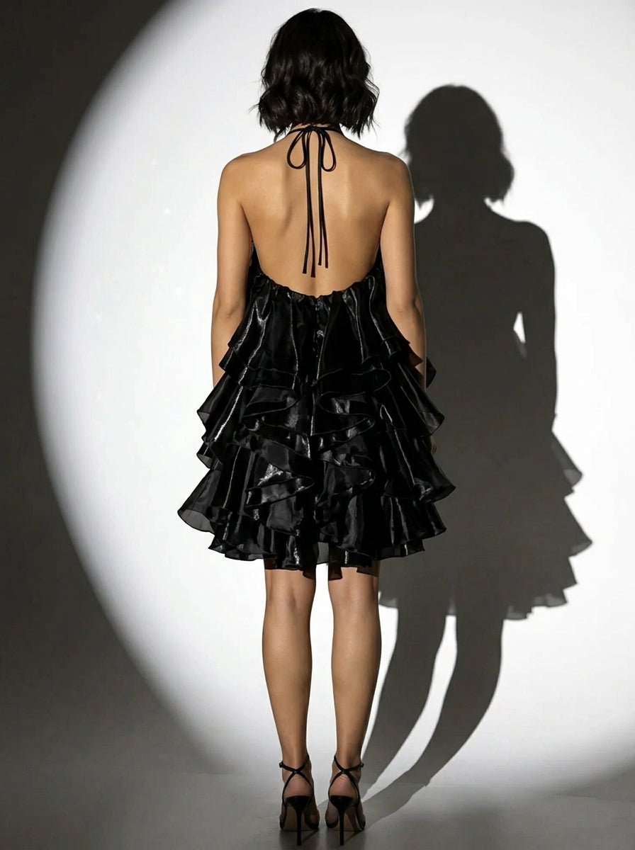 Chic A-Line Halter Ruffled Layered Open Back Black Mini Homecoming Dresses