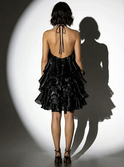 Chic A-Line Halter Ruffled Layered Open Back Black Mini Homecoming Dresses