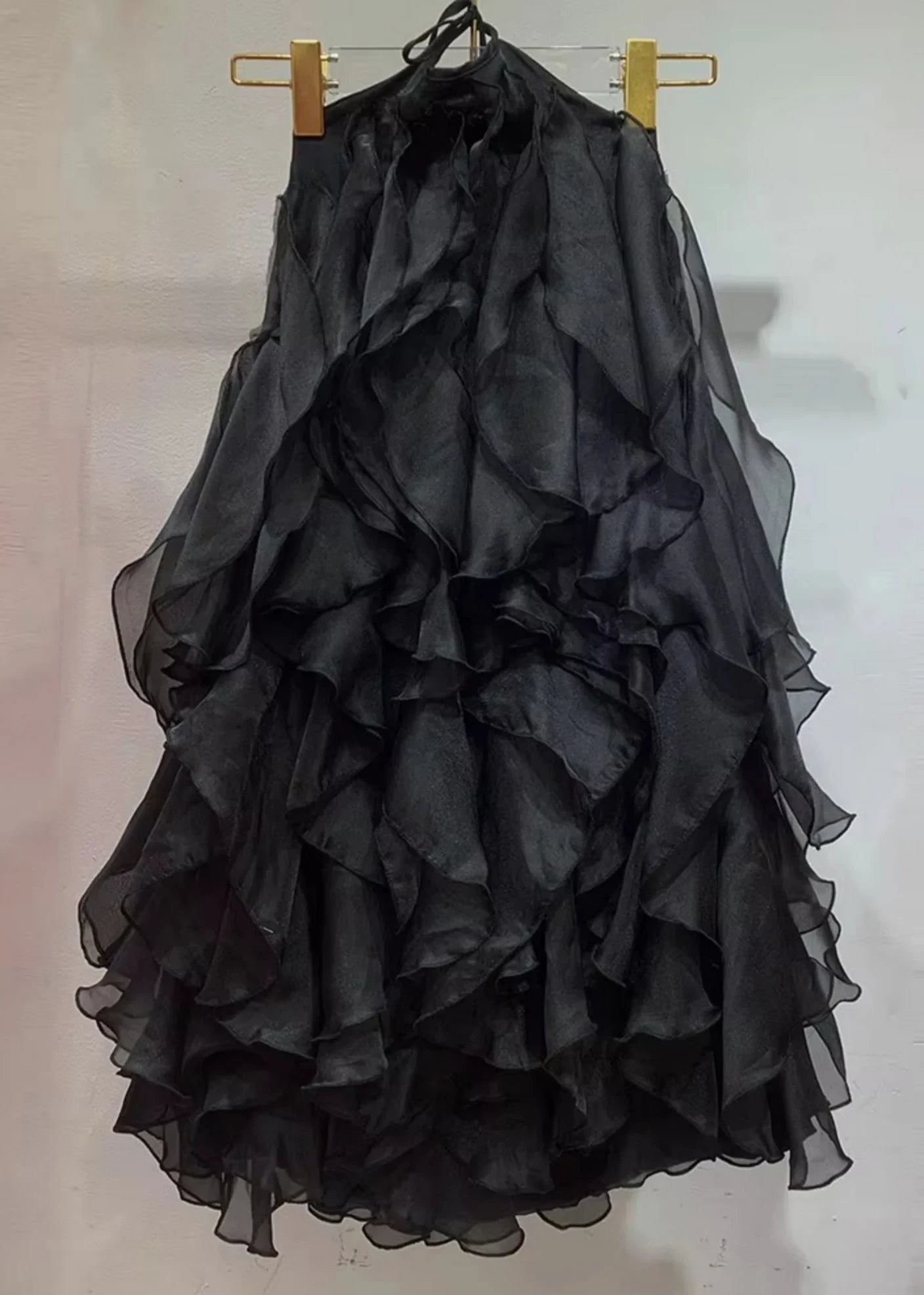 Chic A-Line Halter Ruffled Layered Open Back Black Mini Homecoming Dresses