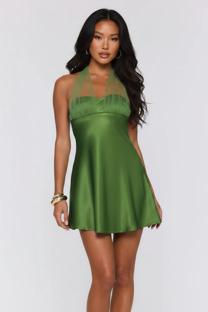 Chic A-Line Halter Tie Pleated Backless Satin Green Mini Homecoming Dress For Ladies