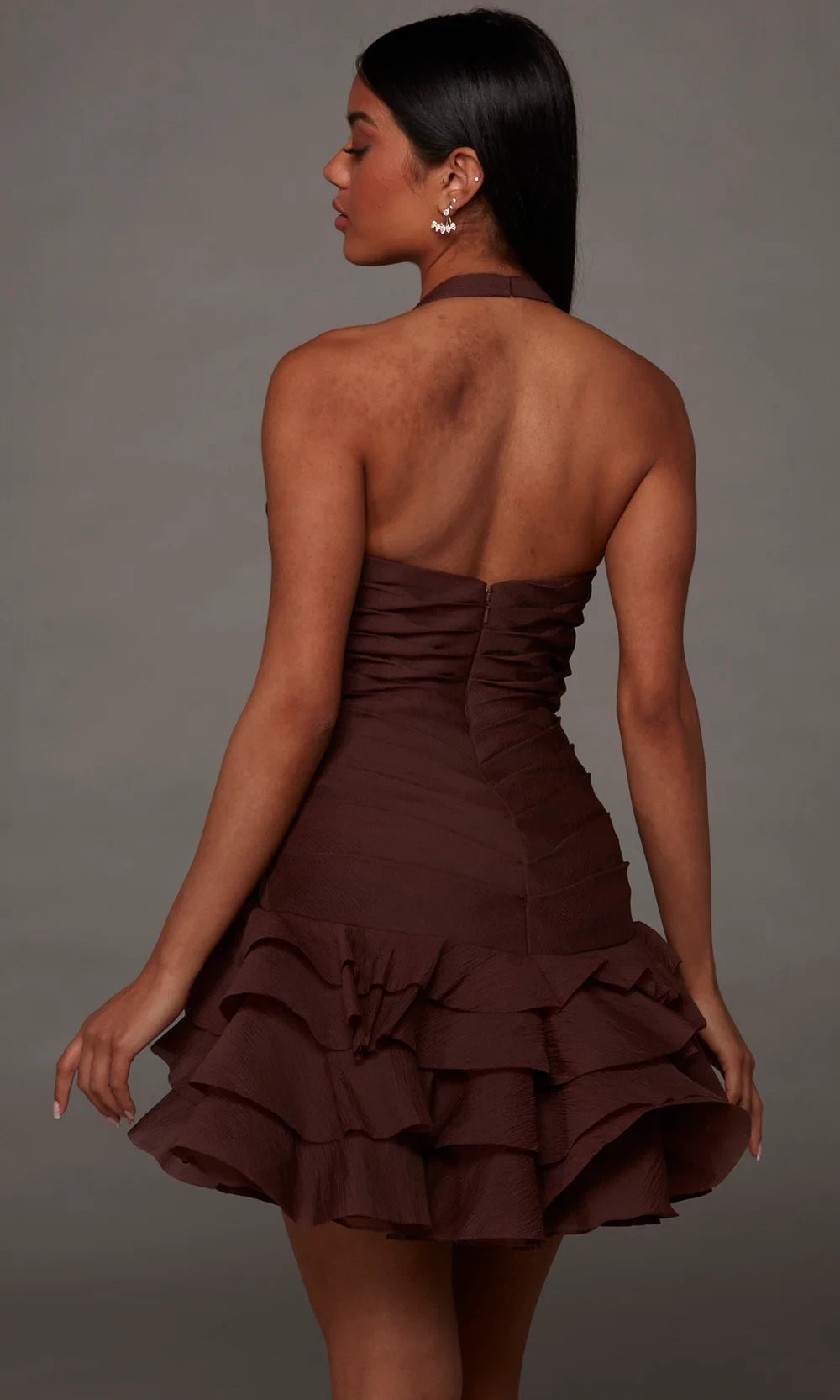 Chic A-Line Halter Tiered Ruffled Pleated Open Back Chocolate Mini Homecoming Dress