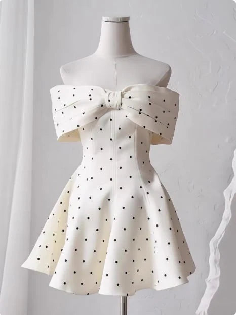 Chic A-Line Off-Shoulder Bow Polka Dot Satin Ivory Short Homecoming Dress