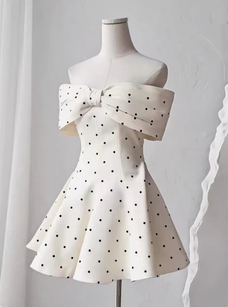 Chic A-Line Off-Shoulder Bow Polka Dot Satin Ivory Short Homecoming Dress