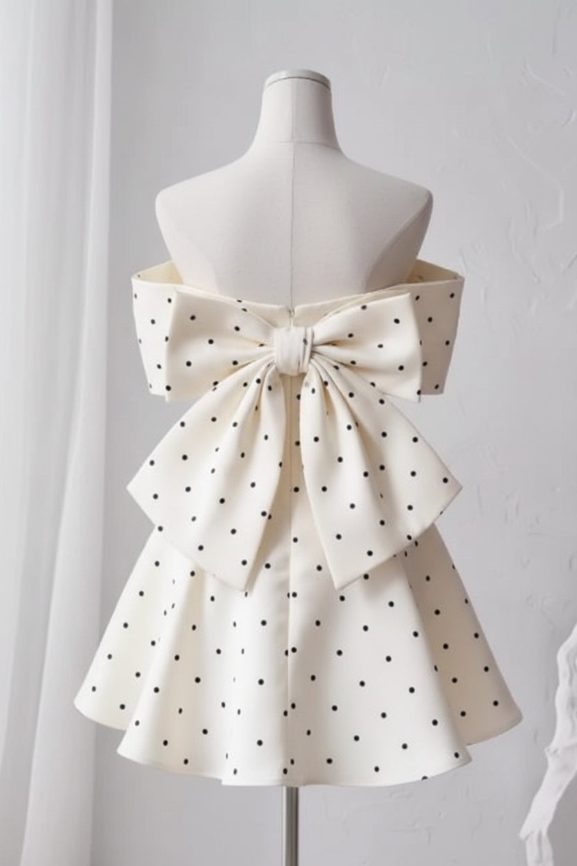 Chic A-Line Off-Shoulder Bow Polka Dot Satin Ivory Short Homecoming Dress