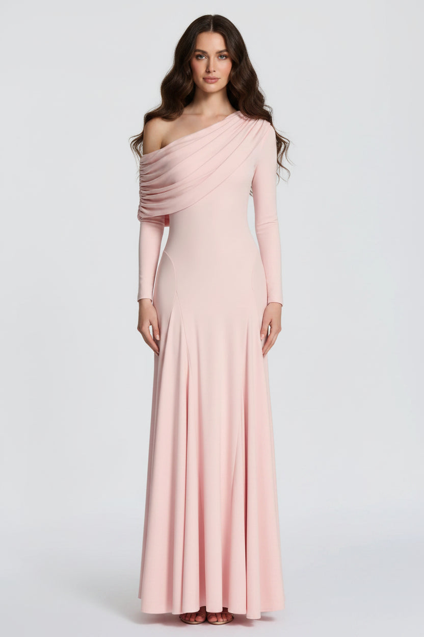 Chic A-Line One-Shoulder Long Sleeve Ruched Blush Floor-Length Prom Dress