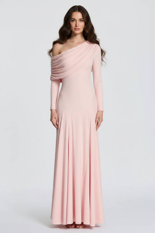 Chic A-Line One-Shoulder Long Sleeve Ruched Blush Floor-Length Prom Dress