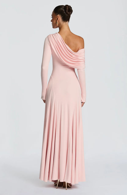 Chic A-Line One-Shoulder Long Sleeve Ruched Blush Floor-Length Prom Dress
