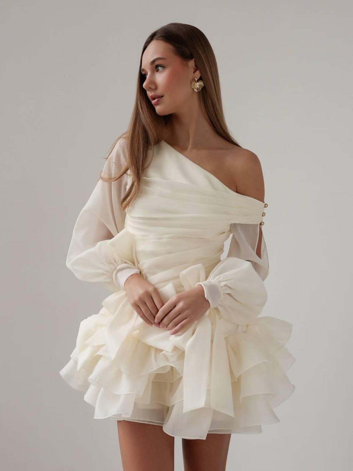 Chic A-Line One-Shoulder Puff-Sleeve Ruffled Bow-Accent Ivory Mini Homecoming Dresses