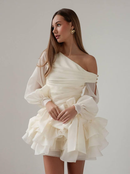 Chic A-Line One-Shoulder Puff-Sleeve Ruffled Bow-Accent Ivory Mini Homecoming Dresses