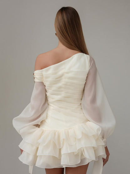 Chic A-Line One-Shoulder Puff-Sleeve Ruffled Bow-Accent Ivory Mini Homecoming Dresses
