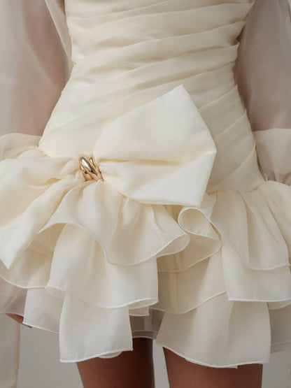 Chic A-Line One-Shoulder Puff-Sleeve Ruffled Bow-Accent Ivory Mini Homecoming Dresses