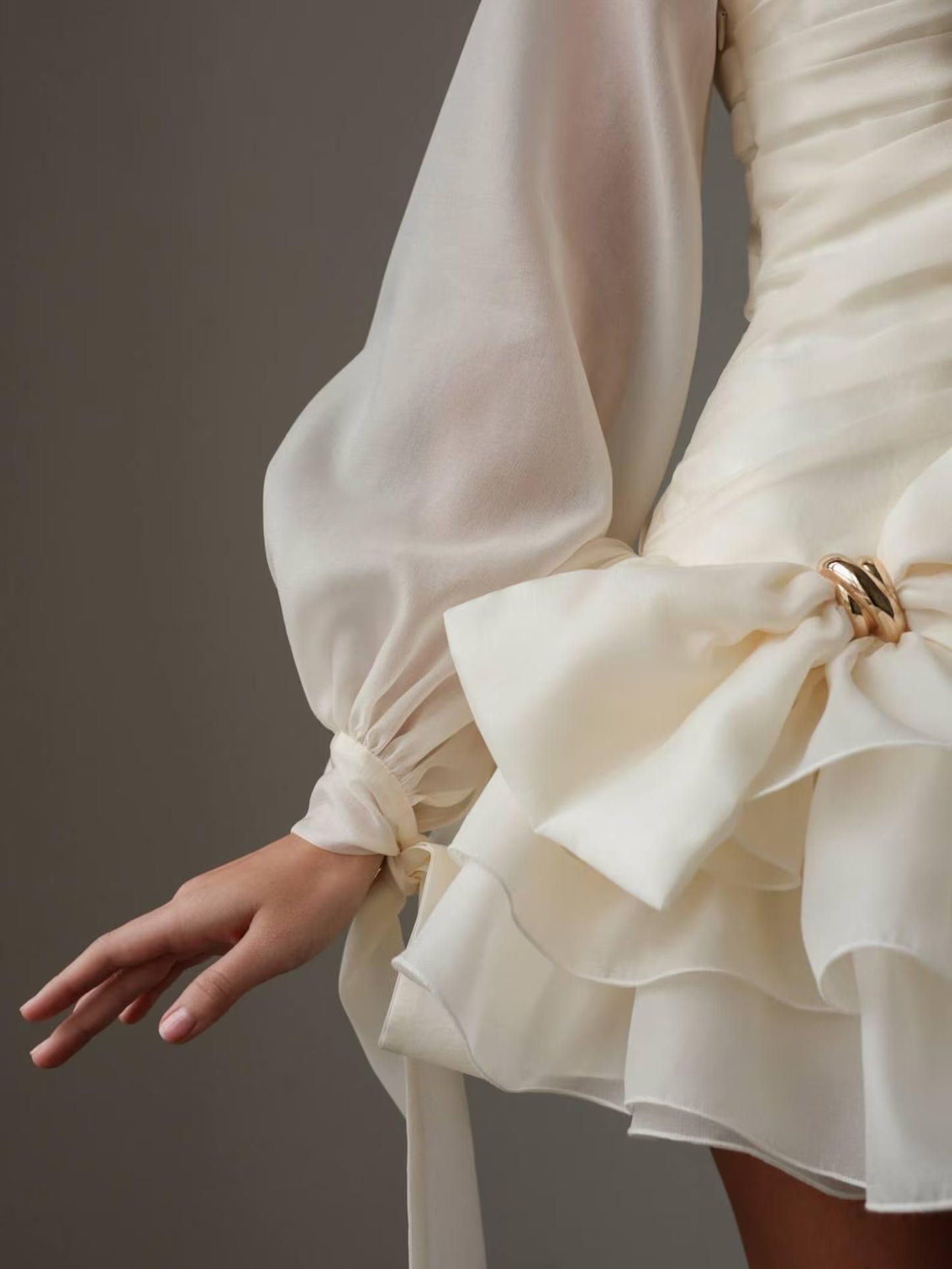 Chic A-Line One-Shoulder Puff-Sleeve Ruffled Bow-Accent Ivory Mini Homecoming Dresses