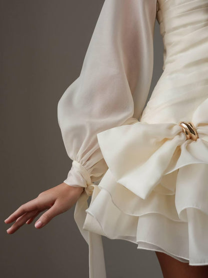 Chic A-Line One-Shoulder Puff-Sleeve Ruffled Bow-Accent Ivory Mini Homecoming Dresses