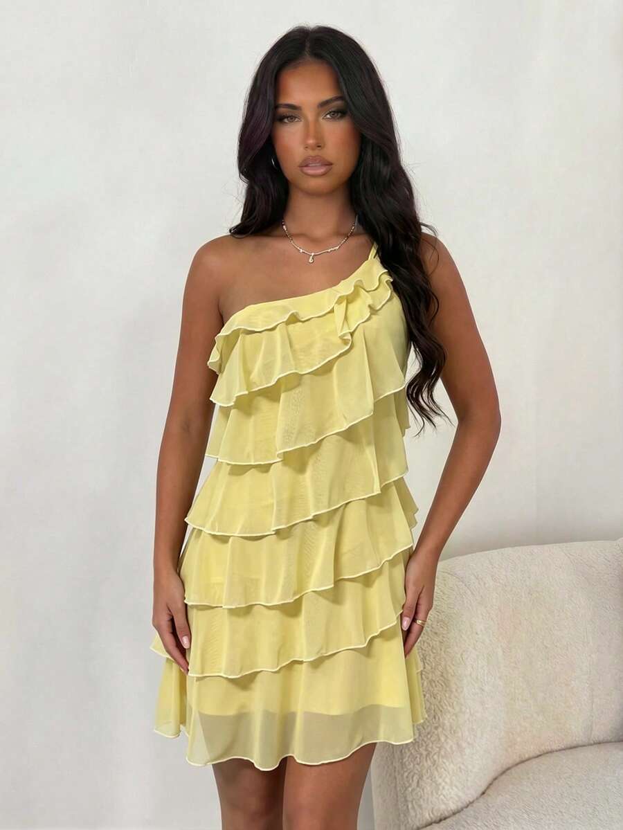Chic A-Line One-Shoulder Tiered Ruffle Pastel Yellow Mini Homecoming Dresses