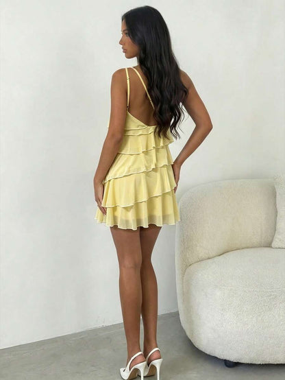 Chic A-Line One-Shoulder Tiered Ruffle Pastel Yellow Mini Homecoming Dresses