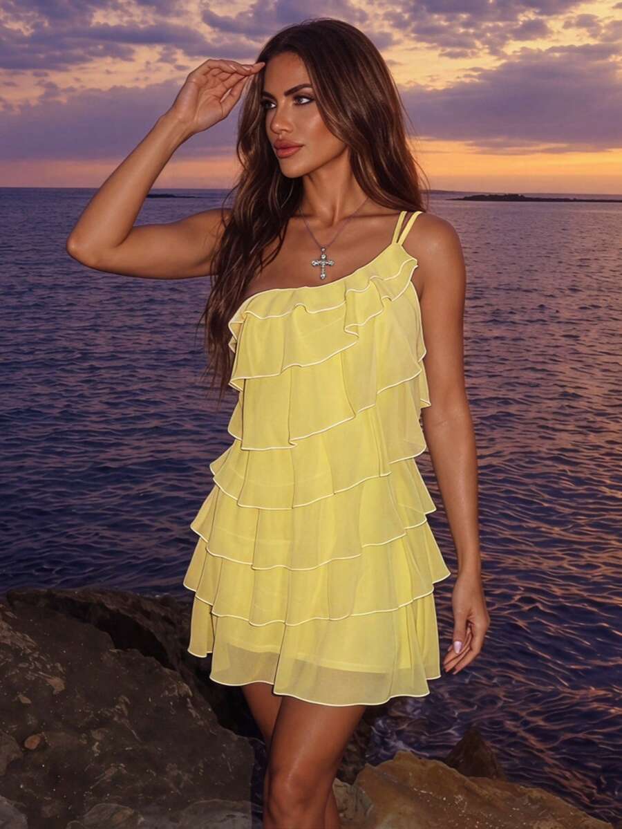 Chic A-Line One-Shoulder Tiered Ruffle Pastel Yellow Mini Homecoming Dresses